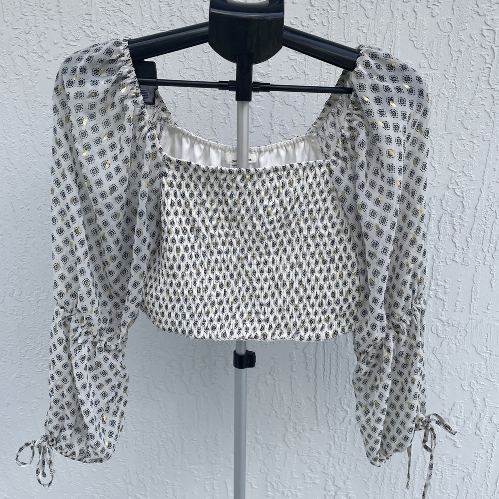 June & Hudson Womens Smocked Crop Top White Black Gold Metallic‎ Long Sleeve M
